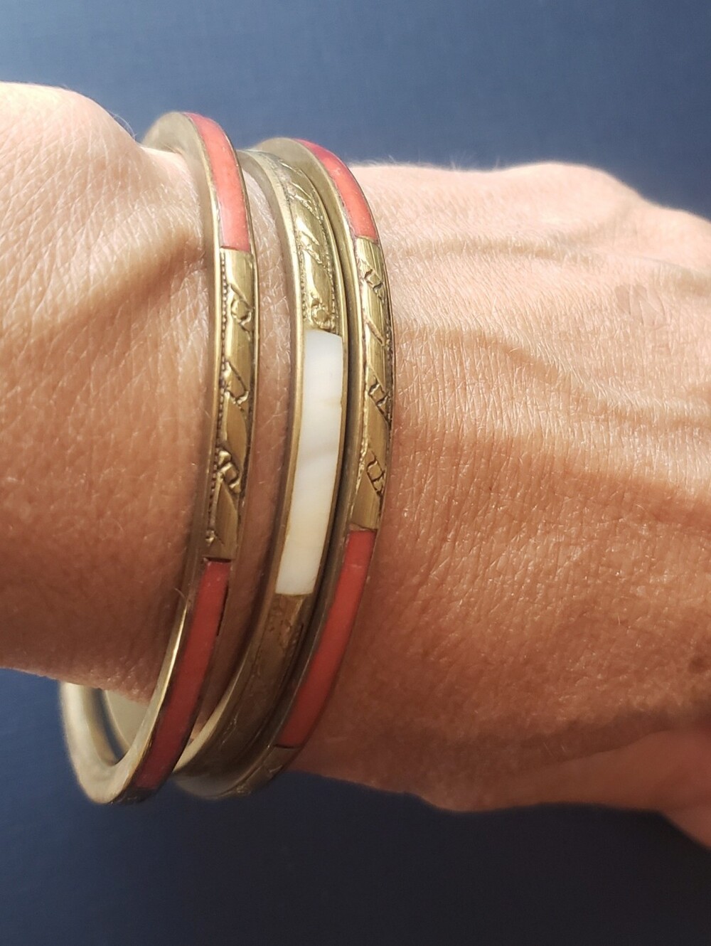 Vintage Brass Bangle Bracelet Set Red And Pearl Inlay- Women Jewelry
